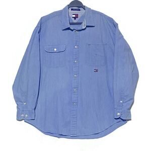 Tommy Jeans Snap Up Shirt Men's Size Extra Large Light Blue Long Sleeve